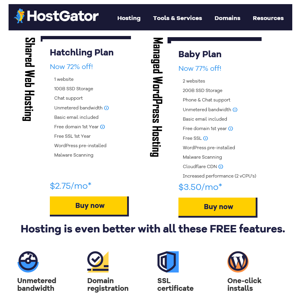 HostGator basic shared web hosting and Mananged WordPress hosting plans