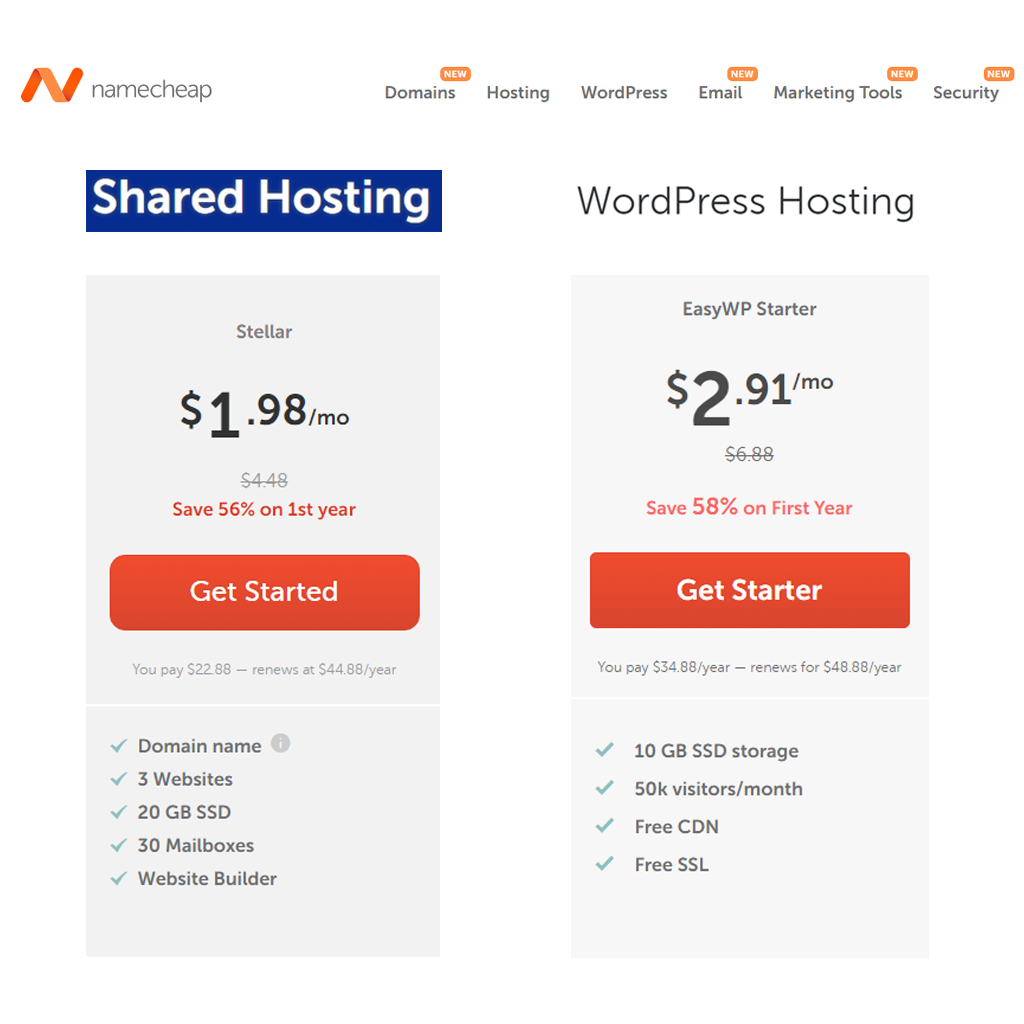 Namecheap basic shared and Managed WordPress hosting plans