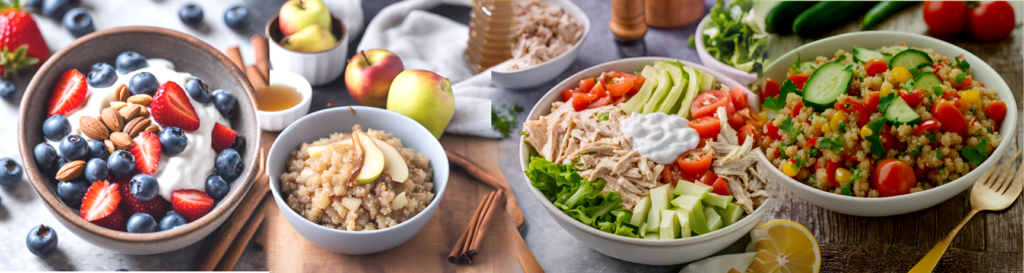 Greek Yogurt Parfait, Quinoa Breakfast Bowl, Quinoa Salad, Greek Yogurt Chicken Salad Wrap