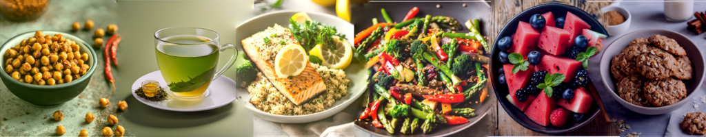 Baked Salmon with Quinoa, Spicy Stir-Fried Vegetables including asparagus, Spicy Roasted Chickpeas, Green Tea, Watermelon and Berries, Cinnamon Oatmeal Cookies